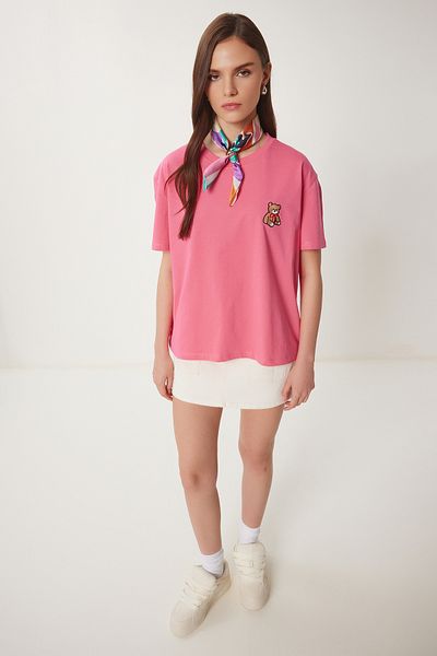 Lovelyİstanbul Tricou roz din bumbac - Ursuleț brodat tricotat LAV0005