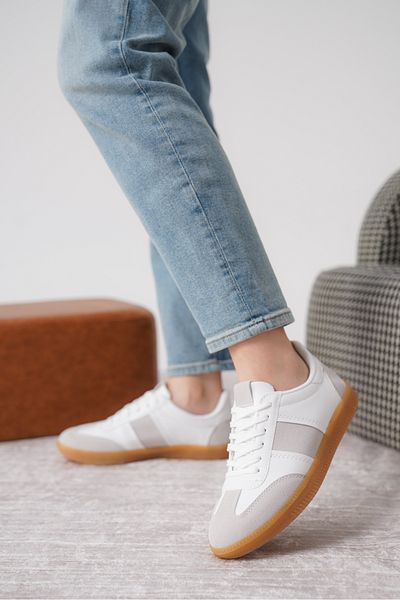 Moda Değirmeni Pantofi de damă alb gri MD1095-101-0004 Talpă anti-alunecare cu șireturi