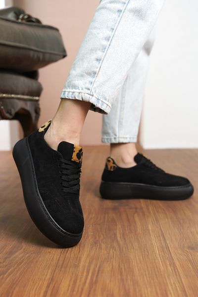 Moda Değirmeni Pantofi de damă din piele intoarsa neagra cu model leopard cu talpa groasa MD1165-101-0002