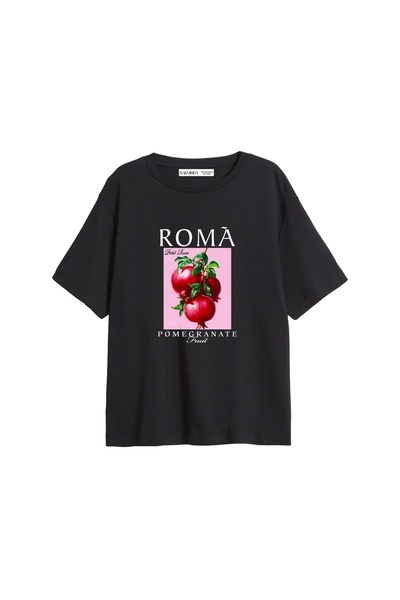 Bak Moda Crna ženska majica Pomegranate Štampano opuštenog kroja