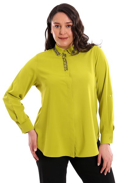 Metpoint Trend42Plus Large Size Collar Embroidery Detailed Oil Green Shirt
