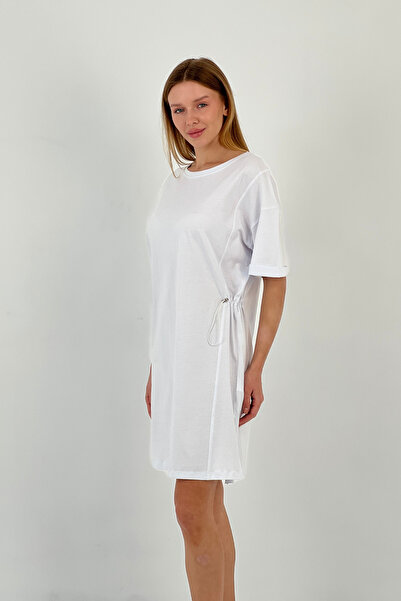 Miss Poem Γυναικείο κοντομάνικο βασικό καλοκαιρινό φαρδύ μίνι λευκό φόρεμα