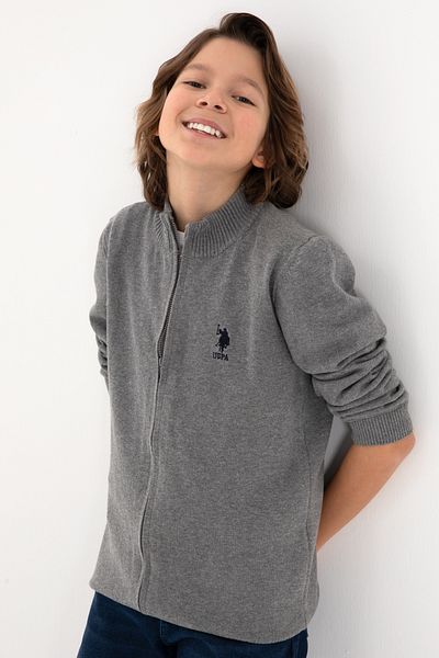 U.S. Polo Assn. Boy's Gray Melange Zippered Knitwear Cardigan 50295560 -Vr086