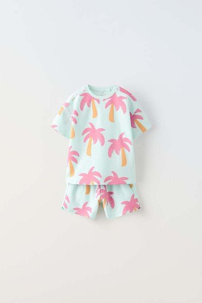 Lolliboomkids Girl's Palm Tree Patterned Mint Green T-Shirt Shorts Bottom Top Set 2 Pieces
