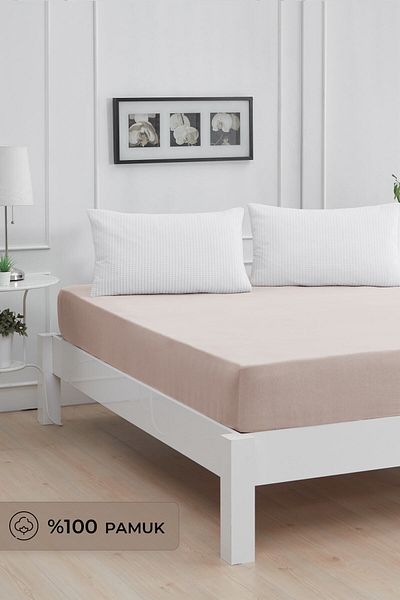 Mislina Home Roza Double Elastic Combed Cotton Bed Sheet Beige