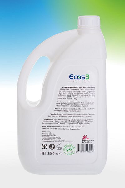Ecos3 2500 ml Ecological Organic Liquid Soap - Vegan, Sensitive Skin, Hypoallergenic, White Magnolia