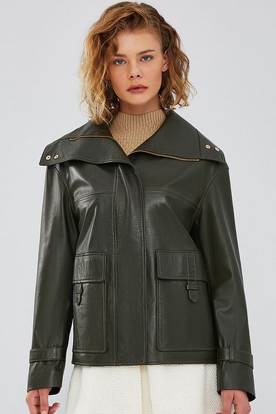 Derimod Green Oversize Simona Women's Leather Jacket - 23wgd5119u4