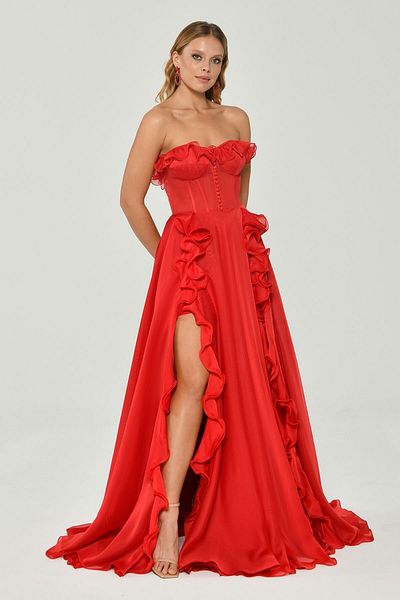 ALFABETA Strapless Ruffled Double Slit Chiffon Long Evening Dress