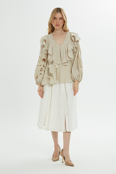 GİZİA Fırfır Ve Nakış Detaylı Bej Bluz