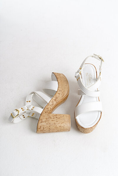 Redoxy Women's Special Design Gold Accessory Cross Banded Wooden Look Platform Heeled Shoes