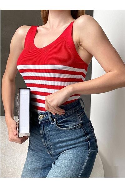 WOMAN VISION Women's Striped V-Neck Fit Knitwear Blouse 0305