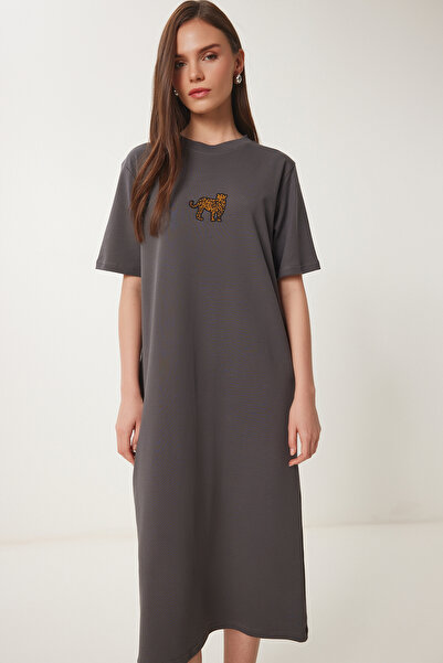 Lovelyİstanbul Κεντημένο Καλοκαιρινό Πλεκτό Φόρεμα Oversize Anthracite Lcr0041
