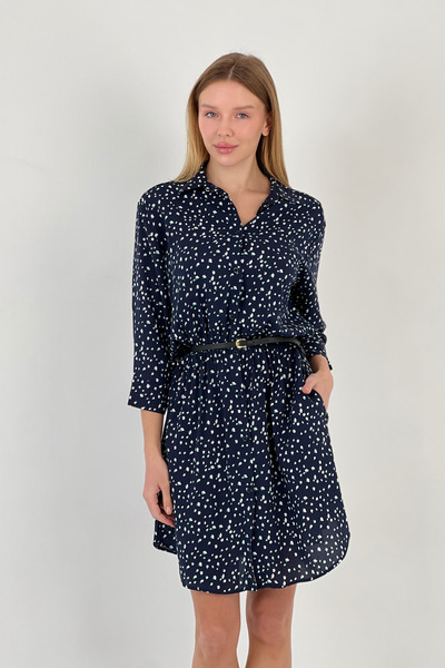 Miss Poem Rochie cămașă albastră cu mânecă lungă de vară de lungime midi pentru femei