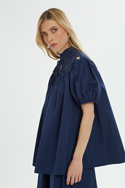 GİZİA Dik Yakalı Mavi Poplin Gömlek