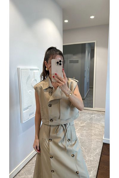 My Blog Beige Button Detailed Crop Trench Coat Vest