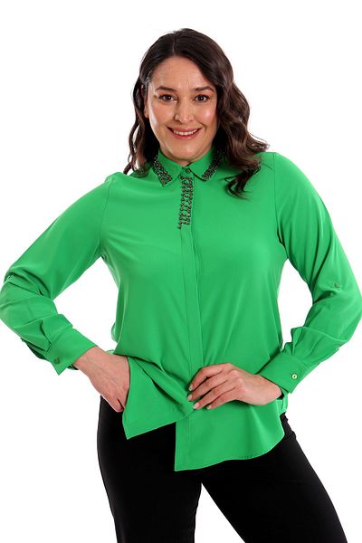 Metpoint Trend42Plus Large Size Green Shirt with Lapel Embroidery Detail
