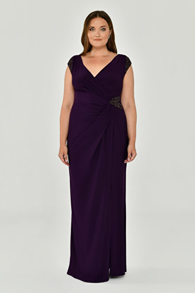 ALFABETA فستان سهرة طويل بفتحة رقبة على شكل حرف V وأكمام قصيرة مع إكسسوارات