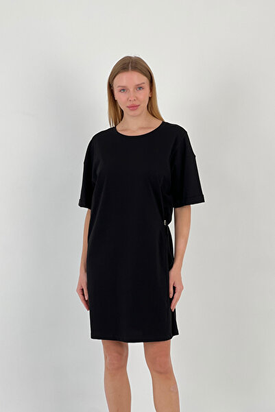 Miss Poem Women's Short Sleeve Basic Summer Loose Mini Black Dress