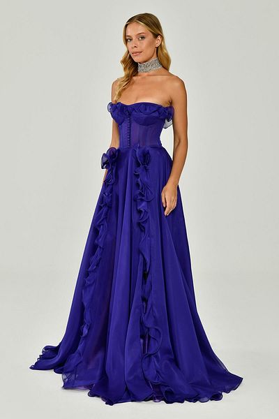 ALFABETA Strapless Ruffled Double Slit Chiffon Long Evening Dress