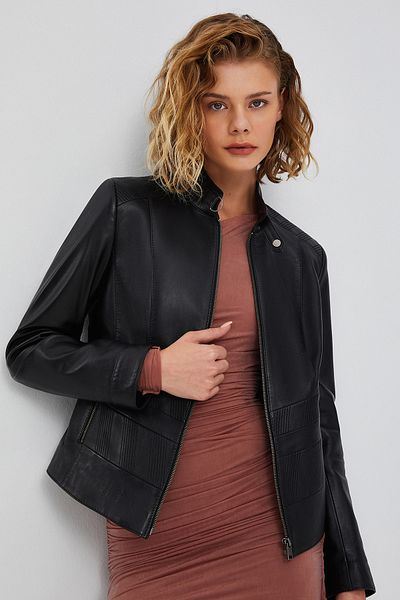 Derimod Black Embroidered Sandy Women's Leather Jacket - 23wge51291m