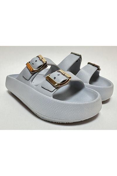 AkınalBella Gray Adjustable Metallic Gold Buckle Platform Heel Anatomic Sole Women's Daily Home and Street Slippers