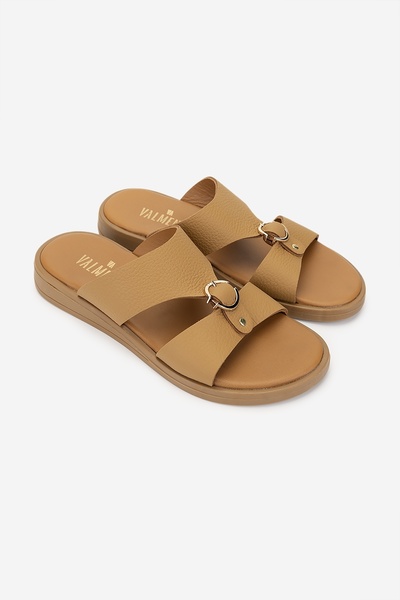 Valmenti Women's Genuine Leather Tan Flat Slippers