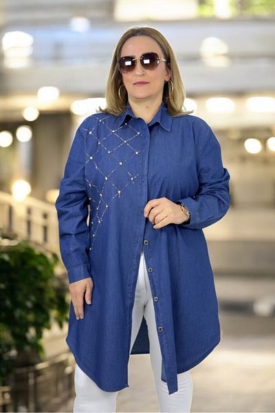 yagmurberen Stone Print Front Buttoned Long Sleeve Plus Size Tnsel Shirt Tunic with Pearl Button Accessories