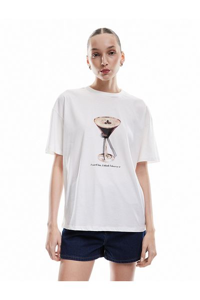 Koton Crew Neck Bow Printed Short Sleeve Cotton Oversize T-Shirt