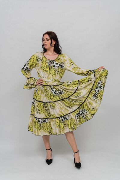 Gorgeaux Rochie Galben-Verzui cu Imprimeu Floral si Animal Print - XL(42)