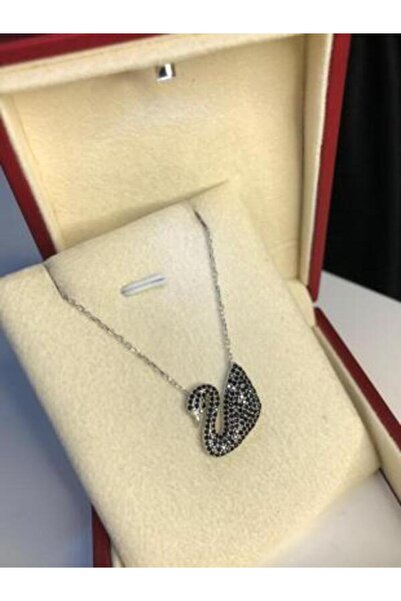 vogutima Kadın Gümüş Kolye - Kuğu Model Svarowski Taşlı Siyah • Işıklı Kutuda...