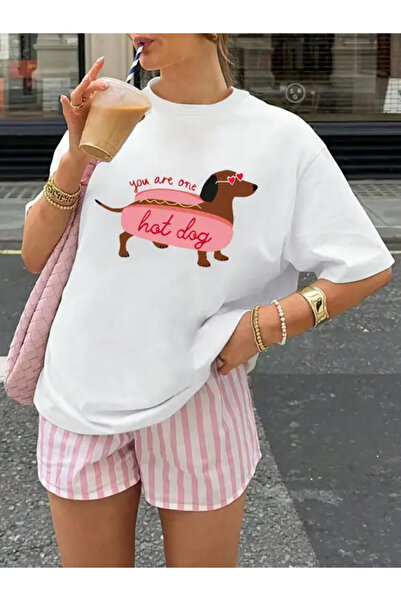 npLStore Tricou oversize unisex cu imprimeu Hotdog, 100% bumbac