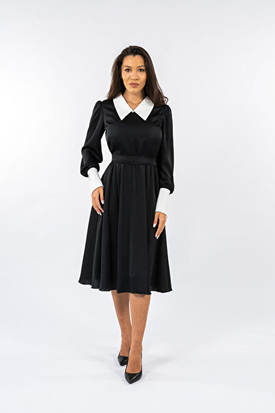 Gorgeaux Rochie Neagra cu Mansete Albe Nada - XL(42)