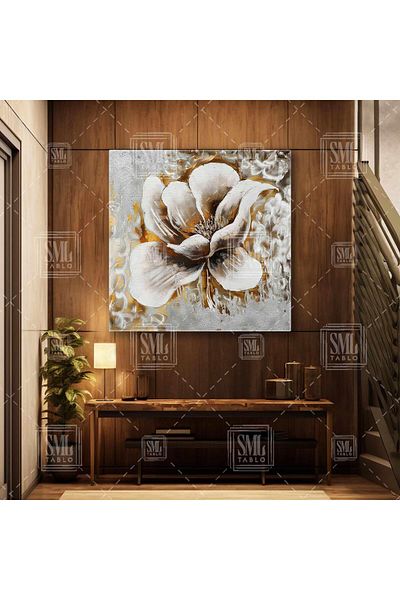 SML TABLO Floare albă Aur Aur Tonuri Abstract Decorativ Floral Modern Pătrat Pictură pe pânză