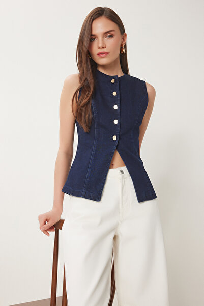 Lovelyİstanbul Stylish Buttoned Denim Vest Dark Blue Lhc0006