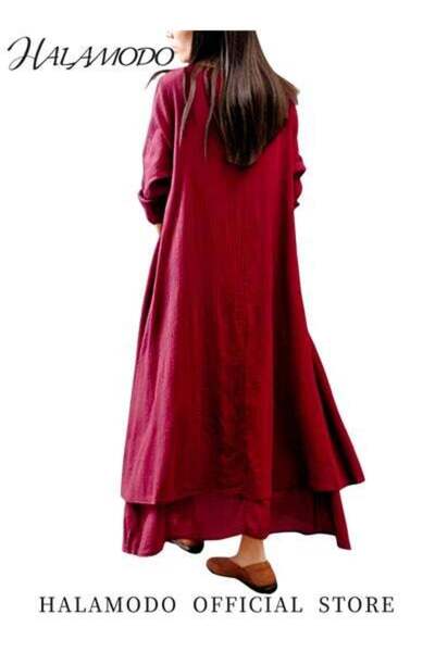 HALAMODO Women's Maxi Dress Solid Cotton Linen Plus Size Long Dresses Casaul Loose Dresses with Pockets 3/4 S
