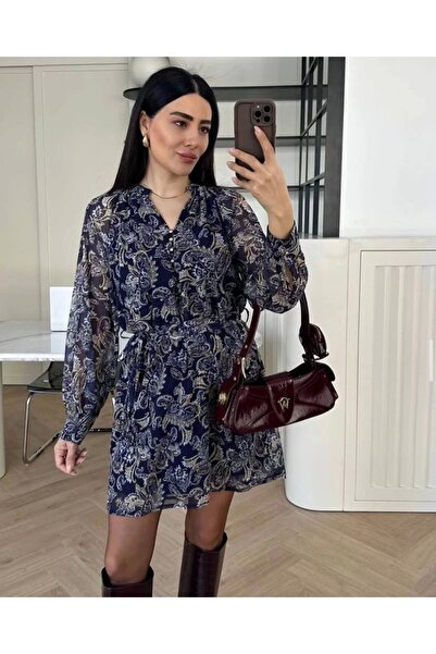Ecenin Favorileri Şal Desen Kuşaklı Şifon Kadın Elbise