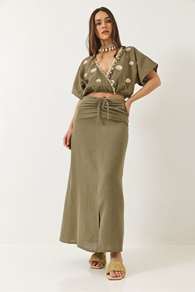 Bianco Lucci Women's Waist Drawstring Lined Embroidered Seashell Suit 6008 60283135