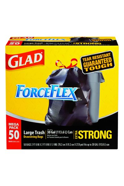 Glad 50 كيسًا من أكياس القمامة الكبيرة ذات الإغلاق برباط Forceflex سعة 30 جالونًا