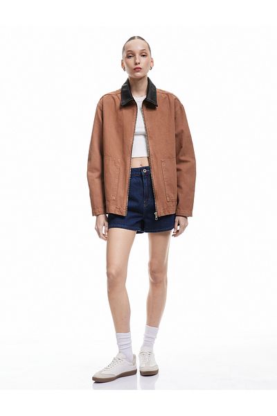 Koton Denim Jacket with Faux Leather Collar and Zippered Pocket