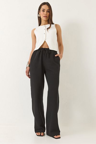 Bianco Lucci Women's Elastic Waist Pocket Detailed Palazzo Linen Trousers 80182 60271083
