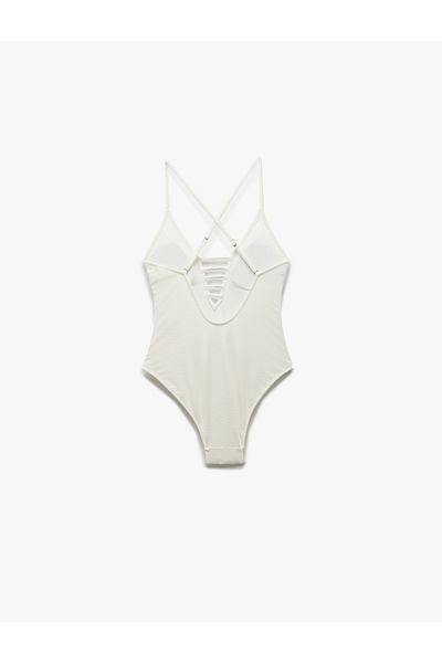 Koton Textured Cross Strap Deep V-Neck Swimsuit