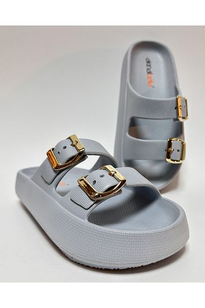 AkınalBella Gray Adjustable Metallic Gold Buckle Platform Heel Anatomic Sole Women's Daily Home and Street Slippers