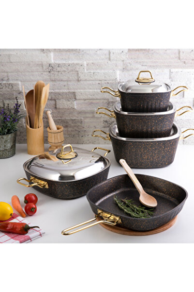 Evren 9 Parça Gold Stone Kare Tencere Seti (Çelik Kapak)