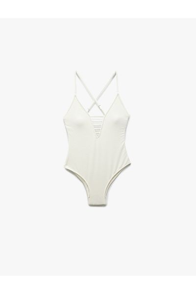 Koton Textured Cross Strap Deep V-Neck Swimsuit