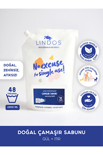 Lindos Doğal Çamaşır Deterjanı Gül Itır Kokulu %100 Bitkisel Deterjan Ekonomik 48yıkama 1.2l