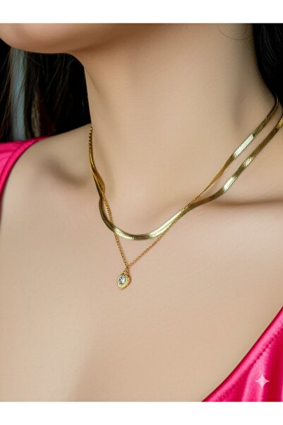 Miyoste Kutulu Kadın Italyan Charmlı Gold Renk Zincir Beyaz Kalp Kolye