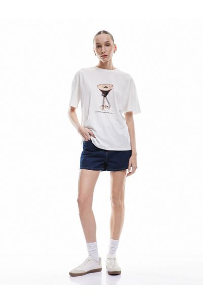Koton Crew Neck Bow Printed Short Sleeve Cotton Oversize T-Shirt