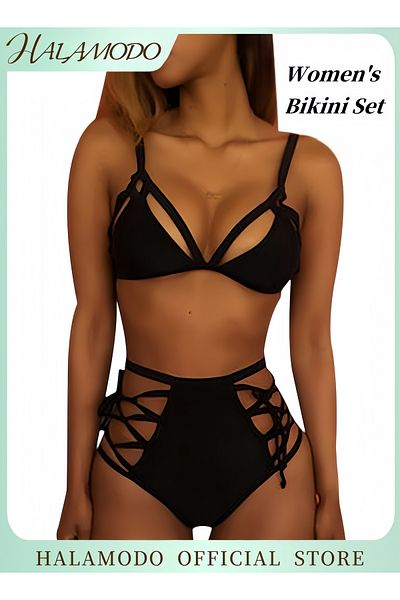 HALAMODO Women's Bikini Set High Waisted Strappy Beachwear Swimwear Swimsuit Cross Suspender Split Bikini Cut