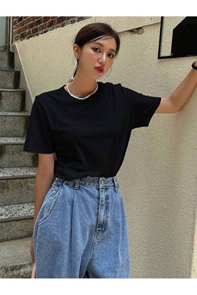 Kadın Siyah Düz Renk Basic Tshirt - Bisiklet Yaka