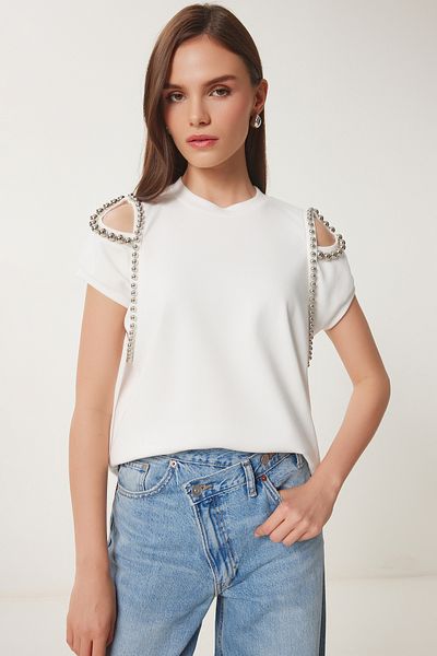 Lovelyİstanbul Cut Out Detailed Beaded Knitted T-Shirt Bone Lhc0007